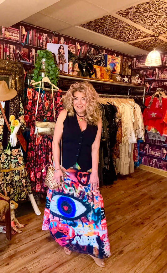 THE 'MYSTIC GRAFFITI' BOLD AND BRIGHT MAXI SKIRT WITH ELASTICATED WAIST