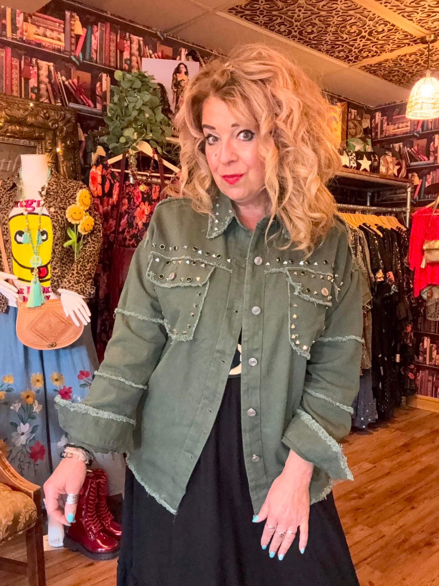 THE 'ARMY DREAMERS' FABULOUS ROCK CHICK STYLE RICHLY STUDDED JACKET IN ARMY GREEN