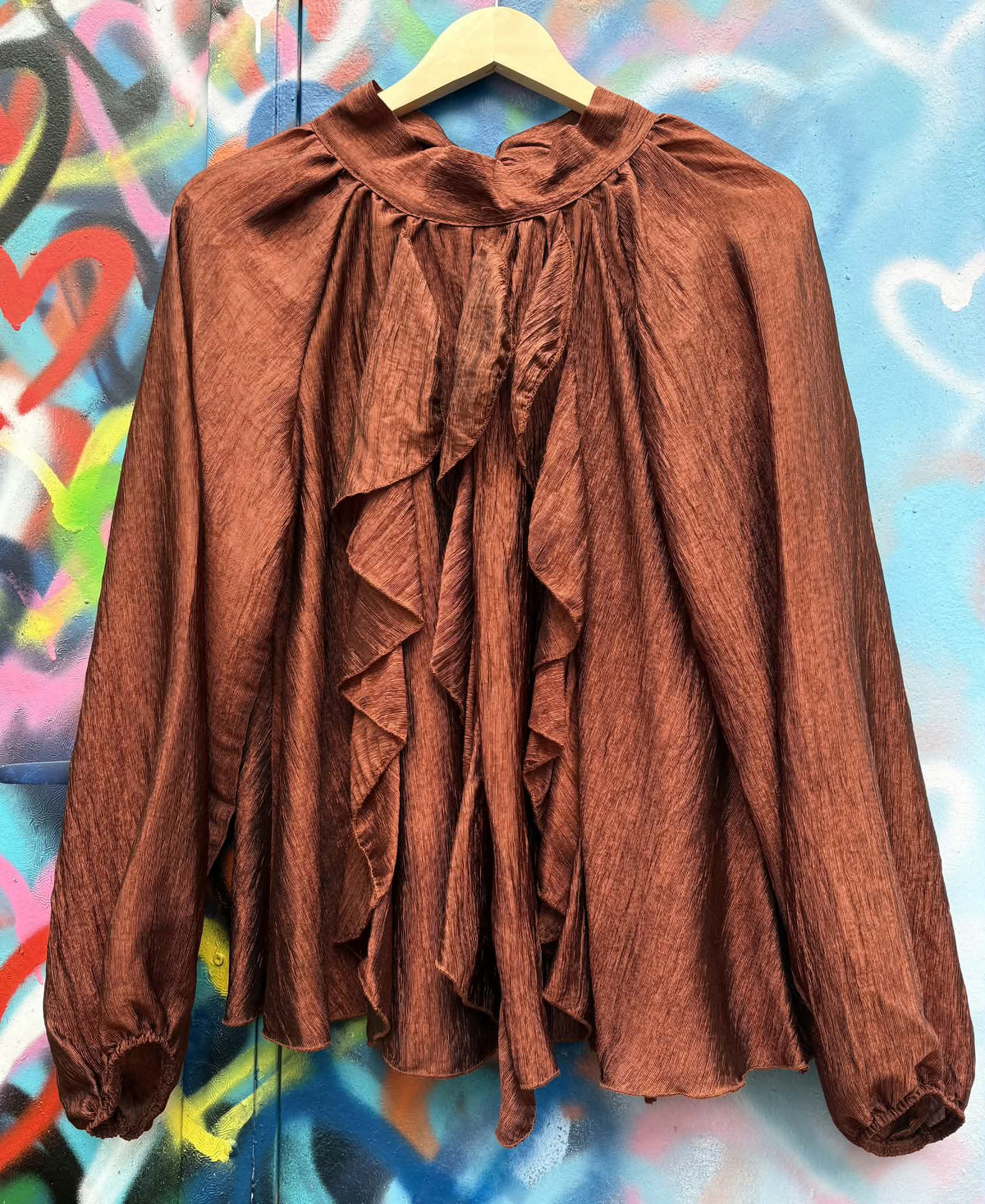 THE 'RHIANNON' FABULOUS WATERFALL FRILL FRONT BALLOON SLEEVE BLOUSE WITH TIE NECK DETAIL THREE COLOURS!