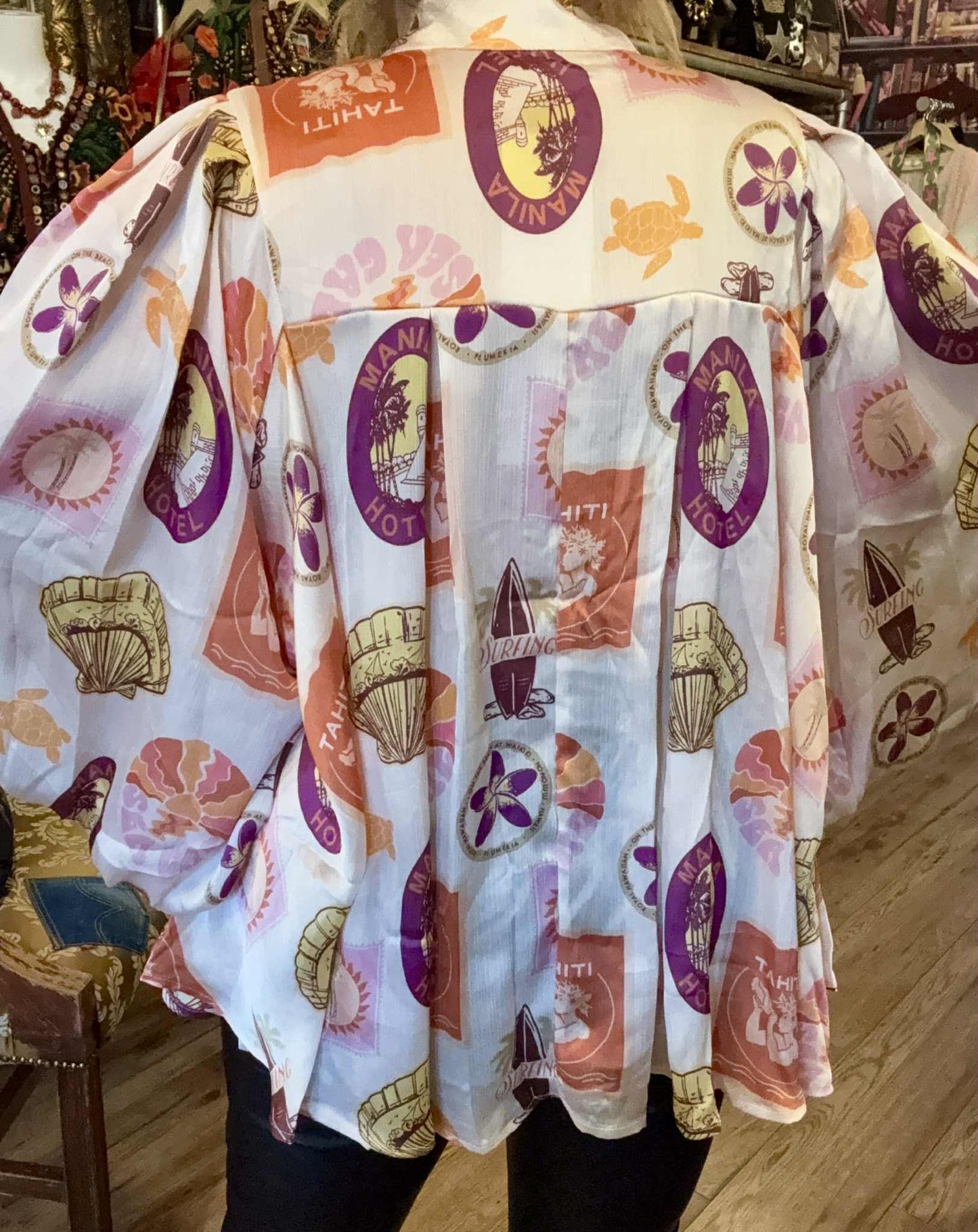 THE 'MANILA' EXQUISITE PUSSY BOW SHIRT IN A QUIRKY LATIN AMERICAN PRINT TWO COLOUR OPTIONS