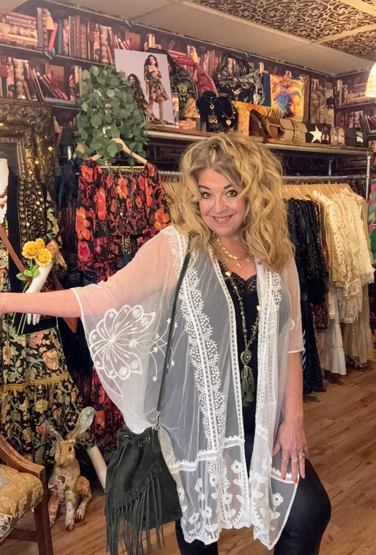 THE 'SILVER SPRINGS' BEAUTIFUL AND BOHO PURE WHITE LACE KAFTAN WITH EMBROIDERED DETAIL