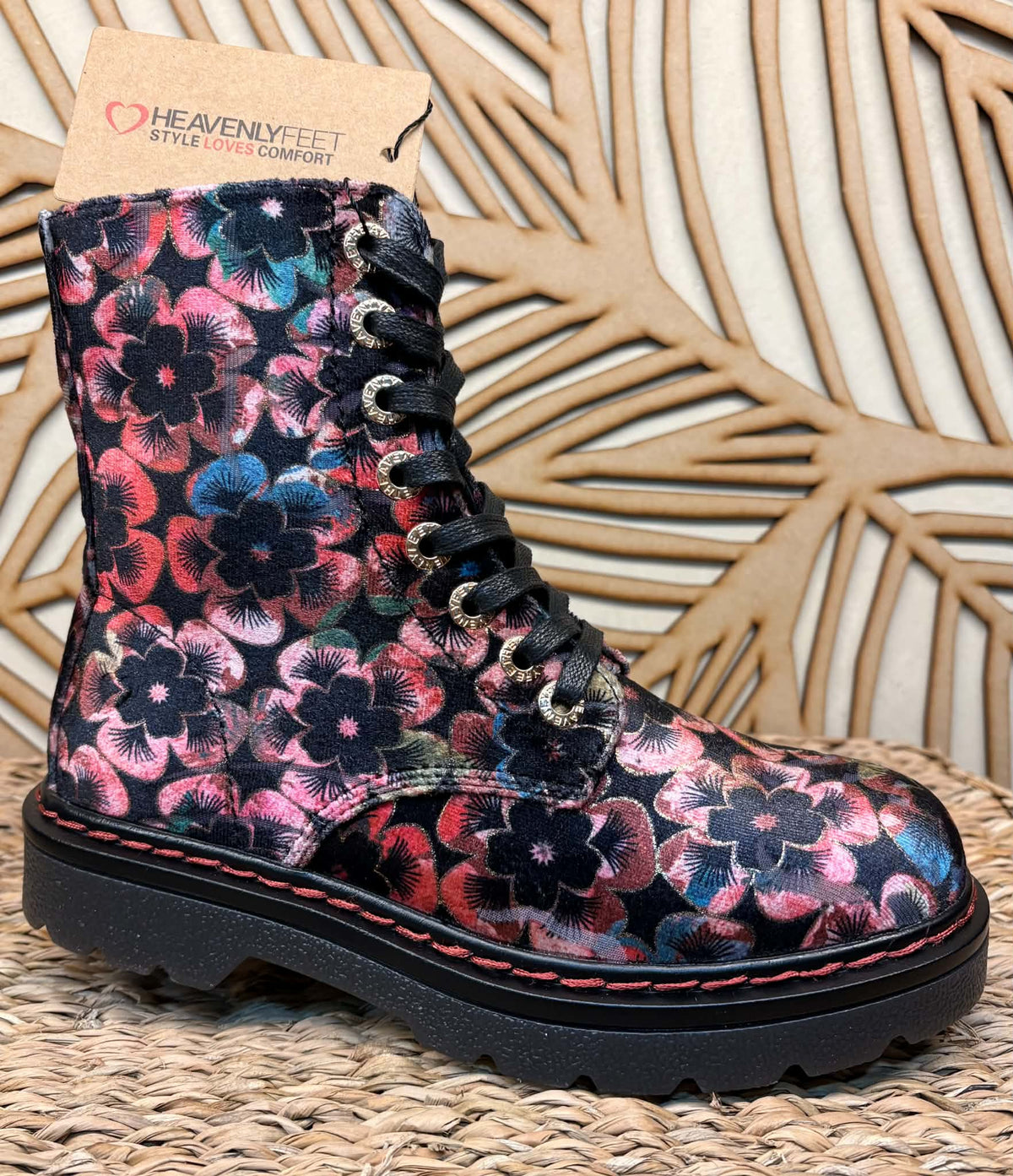 THE 'PANSY' STUNNING MULTI PANSY PATTERN LACE UP SUPER COMFORT LACE UP/ZIP BOOTS VEGAN FRIENDLY