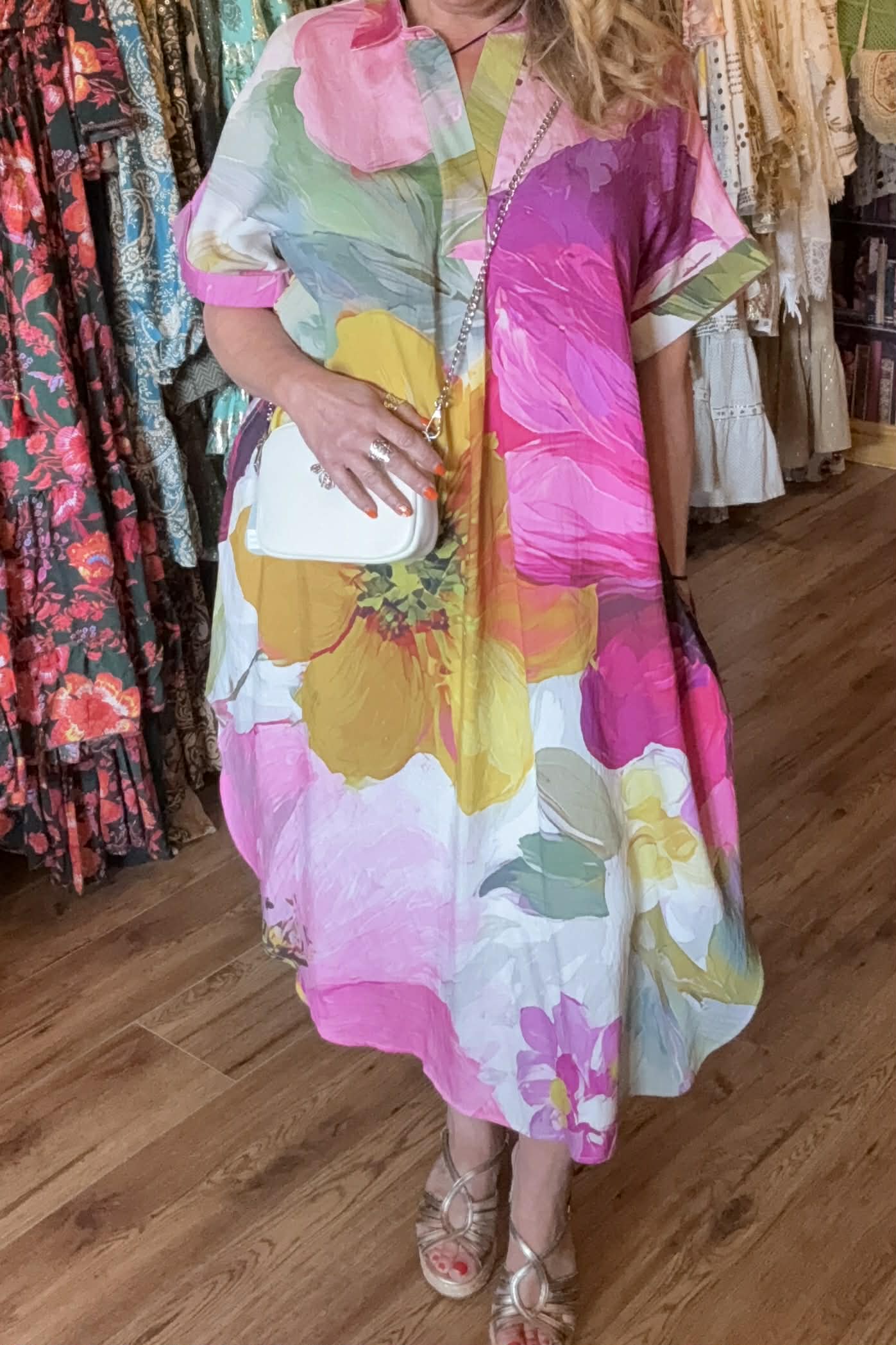 THE 'SUNNY DAZE' BEAUTIFUL BOLD FLORAL PRINT RAINBOW COLOURED RELAXED FIT DRESS