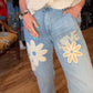 THE 'LOVE AND DAISIES' VINTAGE STYLE SUPERSOFT STRETCH CHAMBRAY JEANS WITH APPLIQUE DETAIL