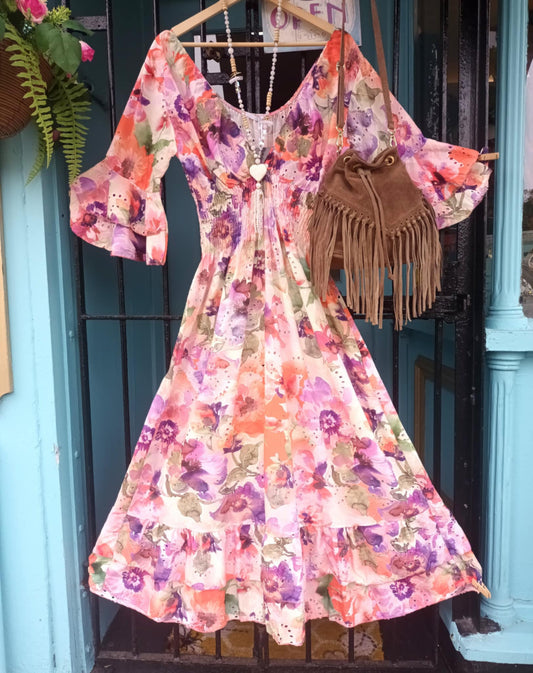 THE 'MEADOW' 100% COTTON BRODERIE ANGLAISE WATERCOLOUR FLORAL PRINT DRESS AQUA OR PINK