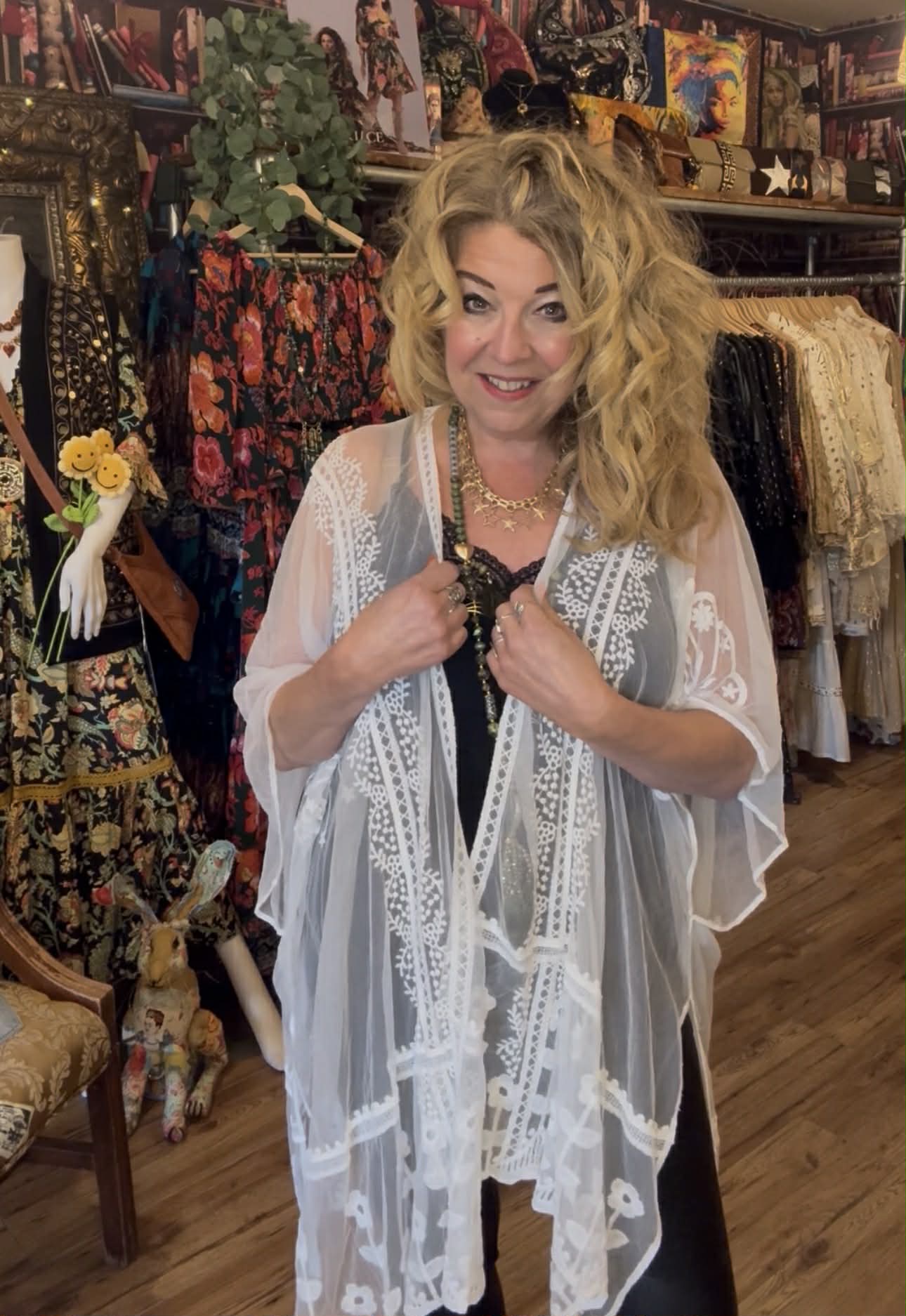 THE 'SILVER SPRINGS' BEAUTIFUL AND BOHO PURE WHITE LACE KAFTAN WITH EMBROIDERED DETAIL