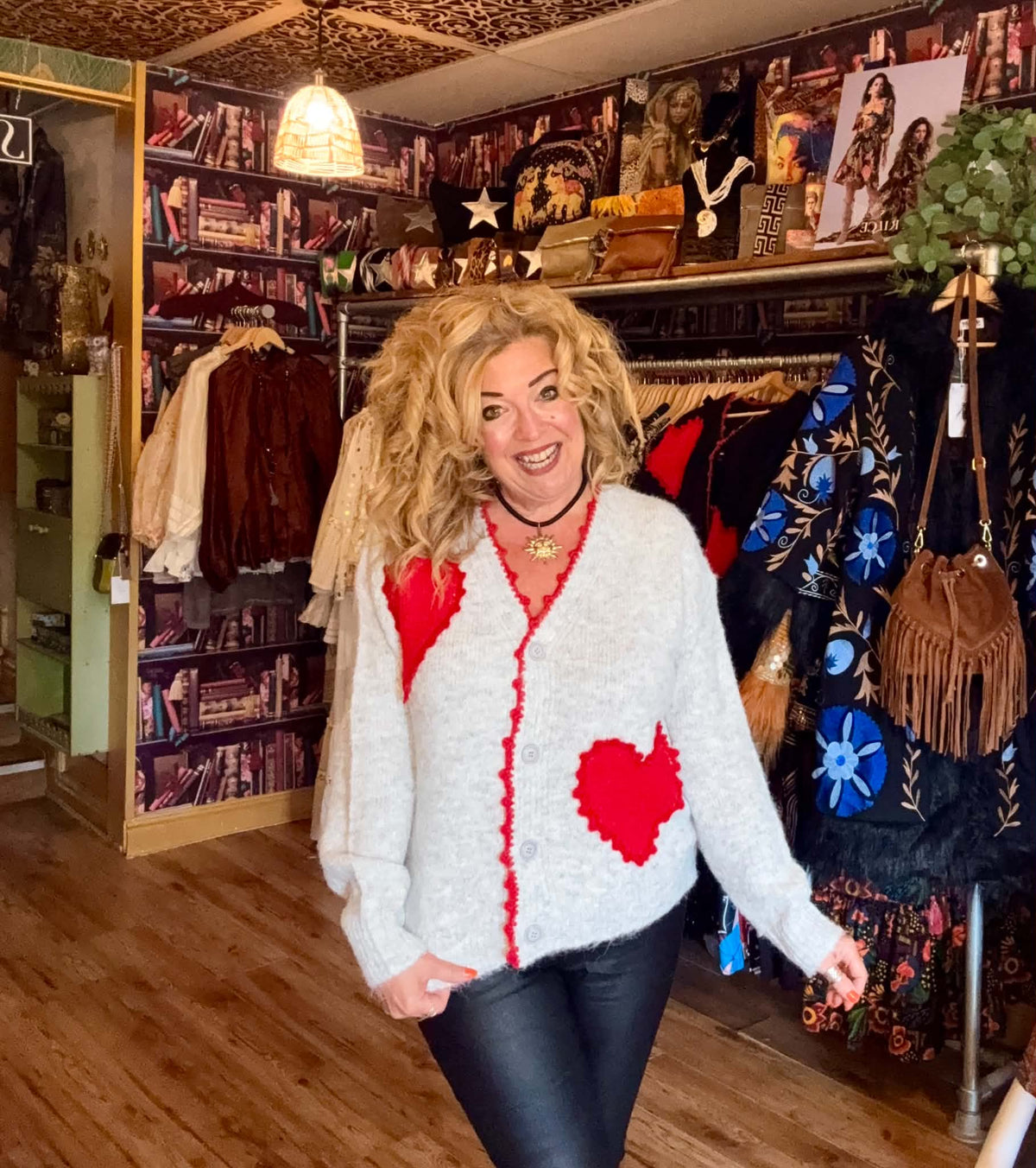 THE 'LOVE IS' SUPERSOFT FLUFFY CARDIGAN WITH APPLIQUE KNITTED HEARTS IN BLACK OR PALE GREY