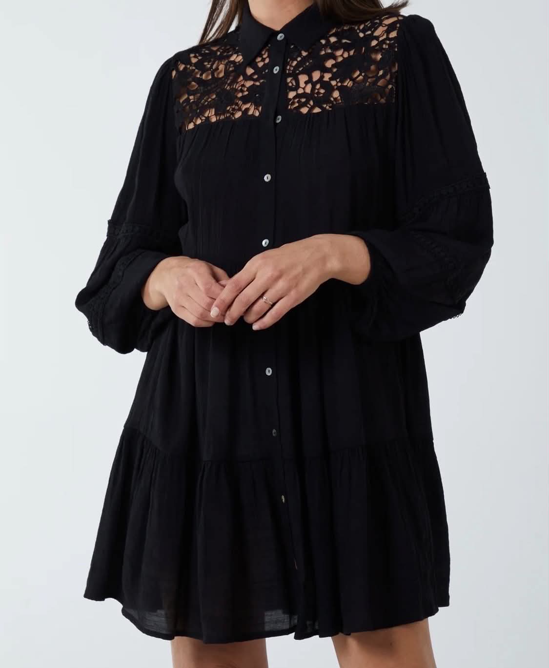 THE 'LOTTIE' BEAUTIFUL BOHEMIAN BUTTON THROUGH CROCHET DETAIL FLIPPY SHIRT DRESS BLACK