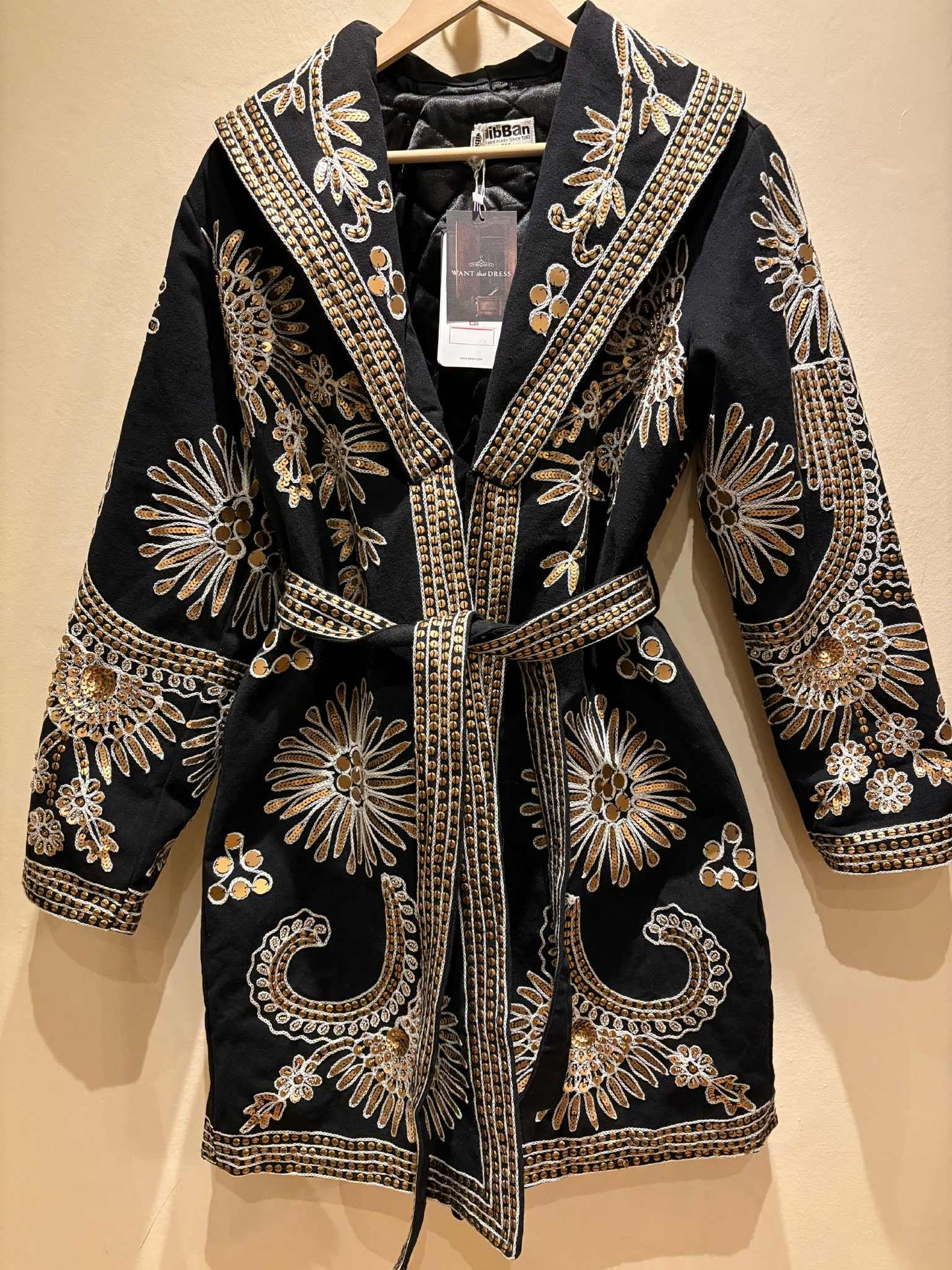 THE 'YARA' STUNNING EMBROIDERED AND SEQUINNED SHAWL COLLAR COAT WITH COSY QUILTED LINING. EXCLUSIVE FROM SPAIN