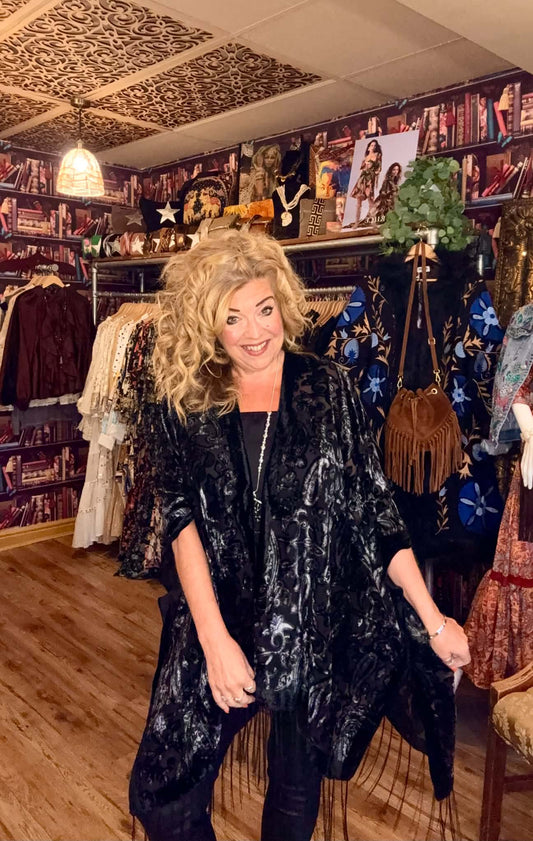 THE 'RUMOURS' ULTIMATE BOHO STYLE STUNNING VELVET DEVORE FRINGED KIMONO