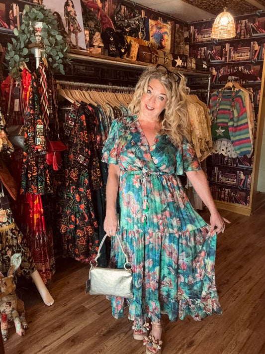 'ELEANOR' FABULOUSLY FLATTERING ANGEL SLEEVE MAGIC DRESS IN EMERALD AND MULTI