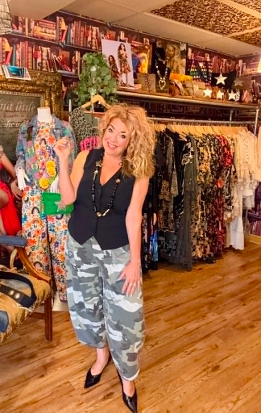 THE 'GOLDIE'SUPER SOFT CAMO PRINT STRETCH WAIST OVERSIZED POCKET COCOON PANTS