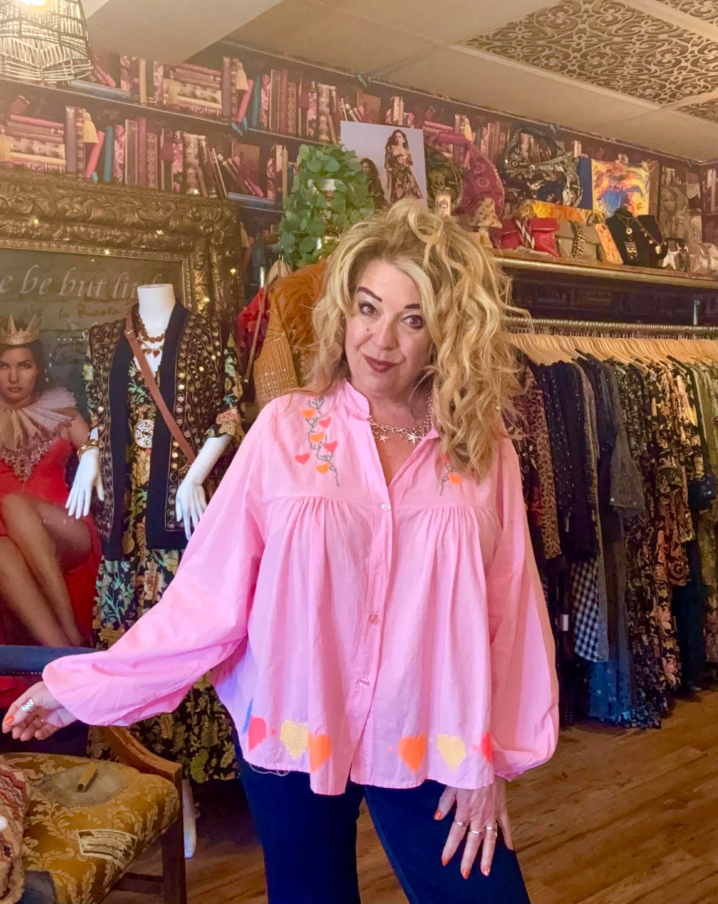 THE 'MEADOW' STUNNING 100% COTTON VINTAGE 70'S STYLE BUTTON SMOCK TOP WITH CUTE CROSS STITCH EMBROIDERY