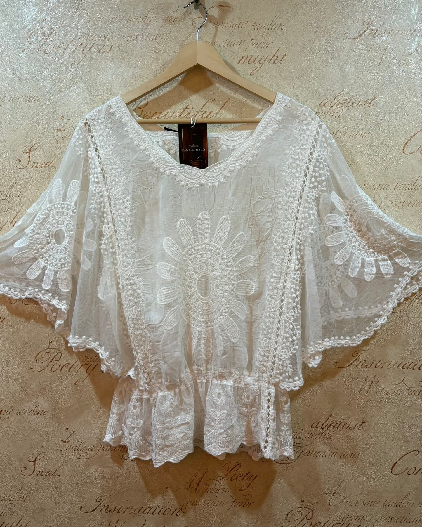 THE 'WOODSTOCK' SNOWY WHITE 70'S STYLE ANGEL SLEEVE EMBROIDERED SHEER SLEEVE TOP