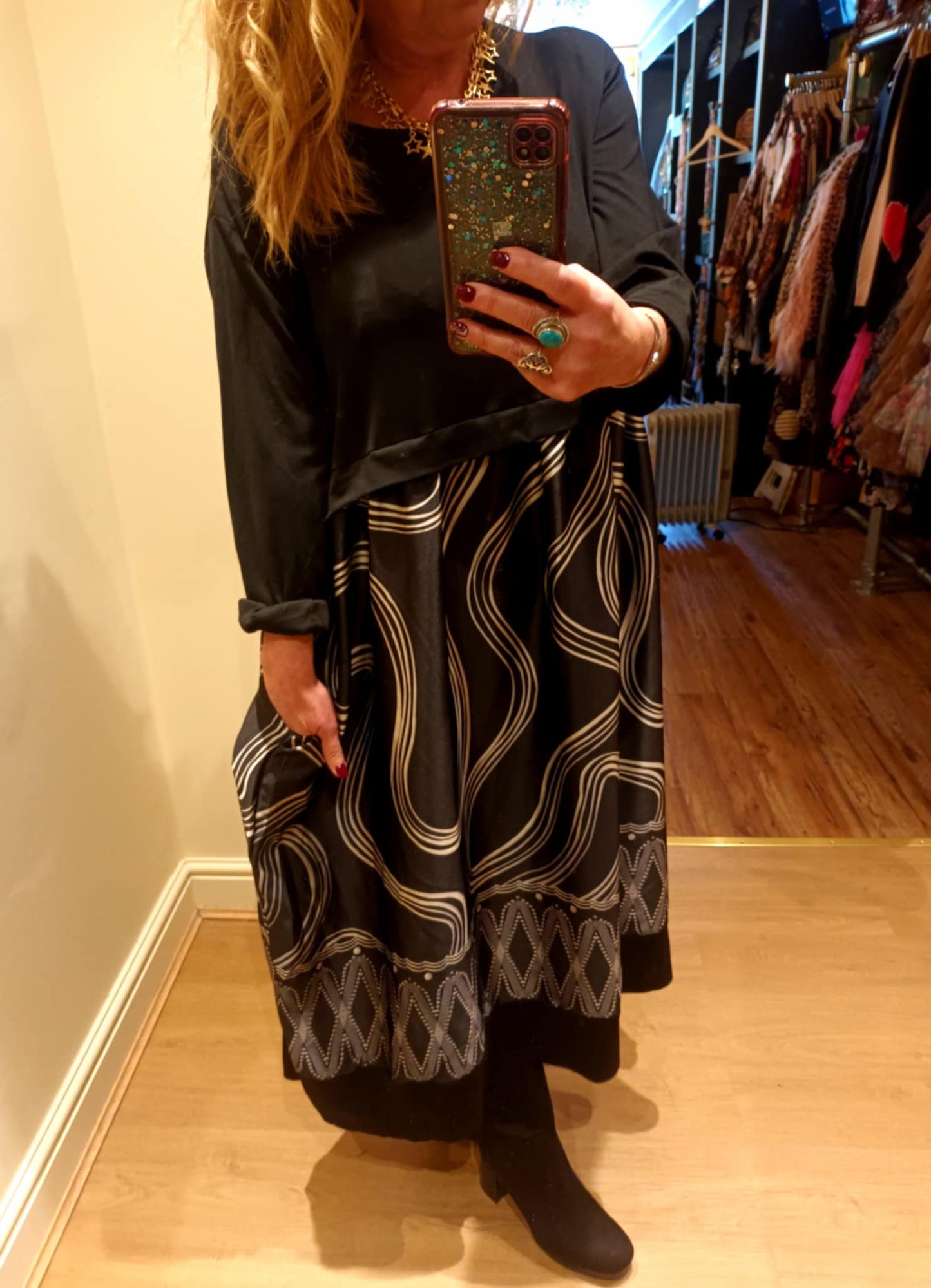 THE 'DECO' BEAUTIFULLY VERSATILE ART DECO PRINT COCOON DRESS WITH POCKETS