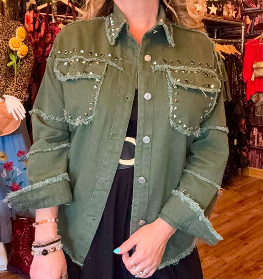 THE 'ARMY DREAMERS' FABULOUS ROCK CHICK STYLE RICHLY STUDDED JACKET IN ARMY GREEN