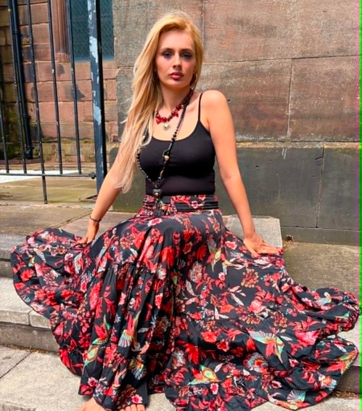 THE 'BIRD OF PARADISE' BREATHTAKING FULL CIRCLE VIBRANT BIRDS AND FLORALS PRINT SKIRT FROM OUR EXCLUSIVE SPANISH COLLECTION