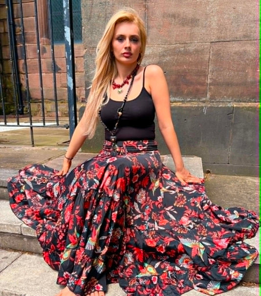 THE 'BIRD OF PARADISE' BREATHTAKING FULL CIRCLE VIBRANT BIRDS AND FLORALS PRINT SKIRT FROM OUR EXCLUSIVE SPANISH COLLECTION