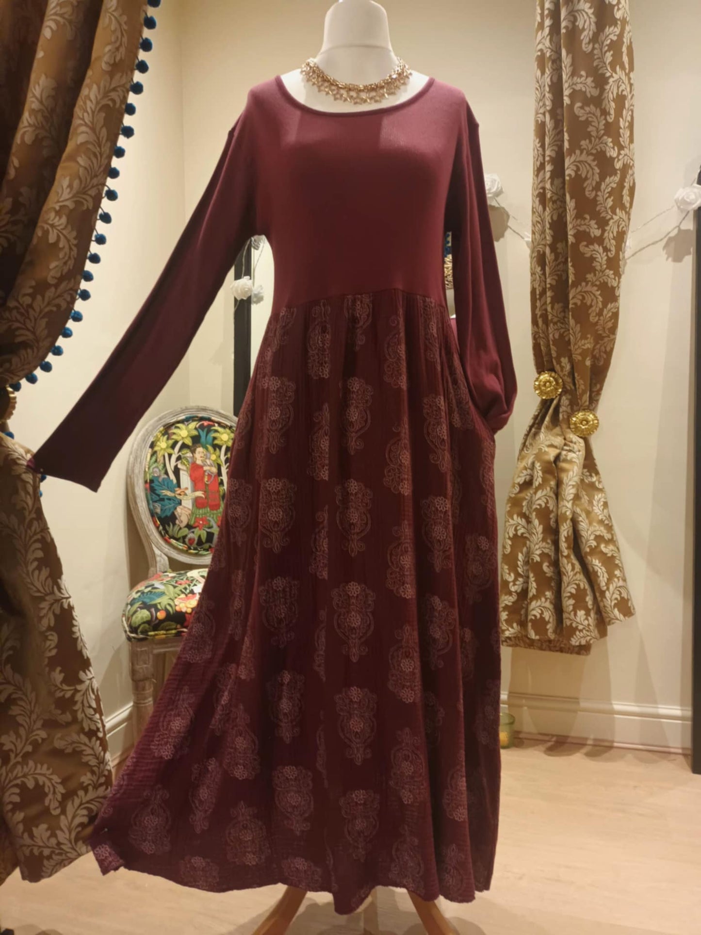 THE 'MANDALA' STUNNING SPIRITUAL PRINT COSY JERSEY DRESS WITH POCKETS WINE, KHAKI OR NAVY