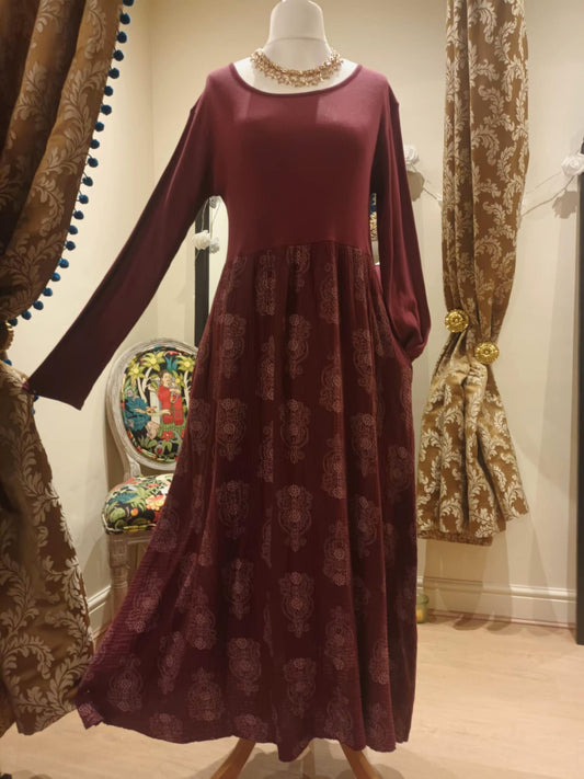 THE 'MANDALA' STUNNING SPIRITUAL PRINT COSY JERSEY DRESS WITH POCKETS WINE, KHAKI OR NAVY