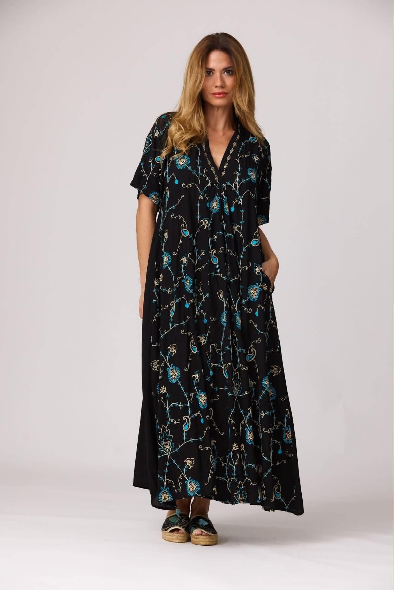 THE 'NATALIA' STUNNING RICHLY EMBROIDERED V NECK DRESS WITH POCKETS FROM OUR EXCLUSIVE SPANISH COLLECTION