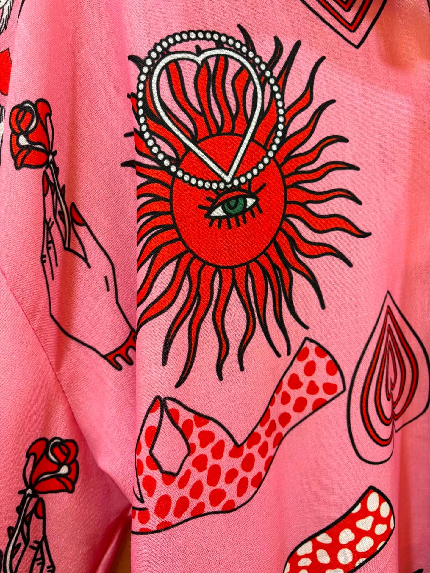 THE 'MYSTIC LOVE' CANDY PINK HEARTS & CELESTIAL SUN PRINT STATEMENT OVERSIZED SHIRT