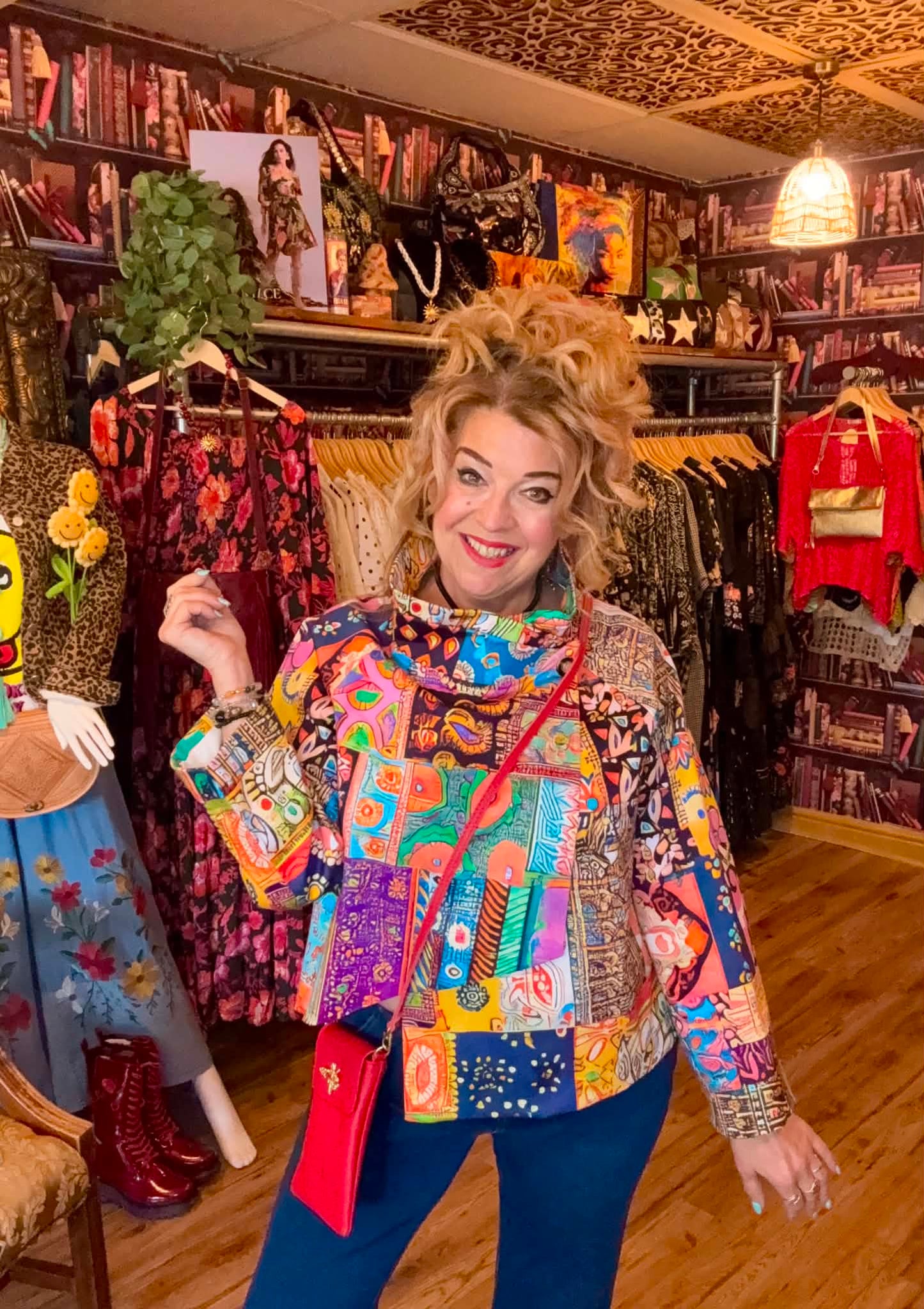 THE 'VIVIENNE' BRIGHT AND BEAUTIFUL ARTY HOTCHPOTCH PRINT ASYMMETRIC JACKET IN RAINBOW COLOURS