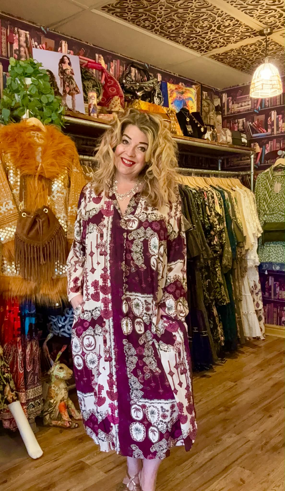 THE 'CASABLANCA' FABULOUSLY FLATTERING ETHNIC INSPIRED PRINT POCKET DETAIL SHIRT DRESS RUBY OR KHAKI