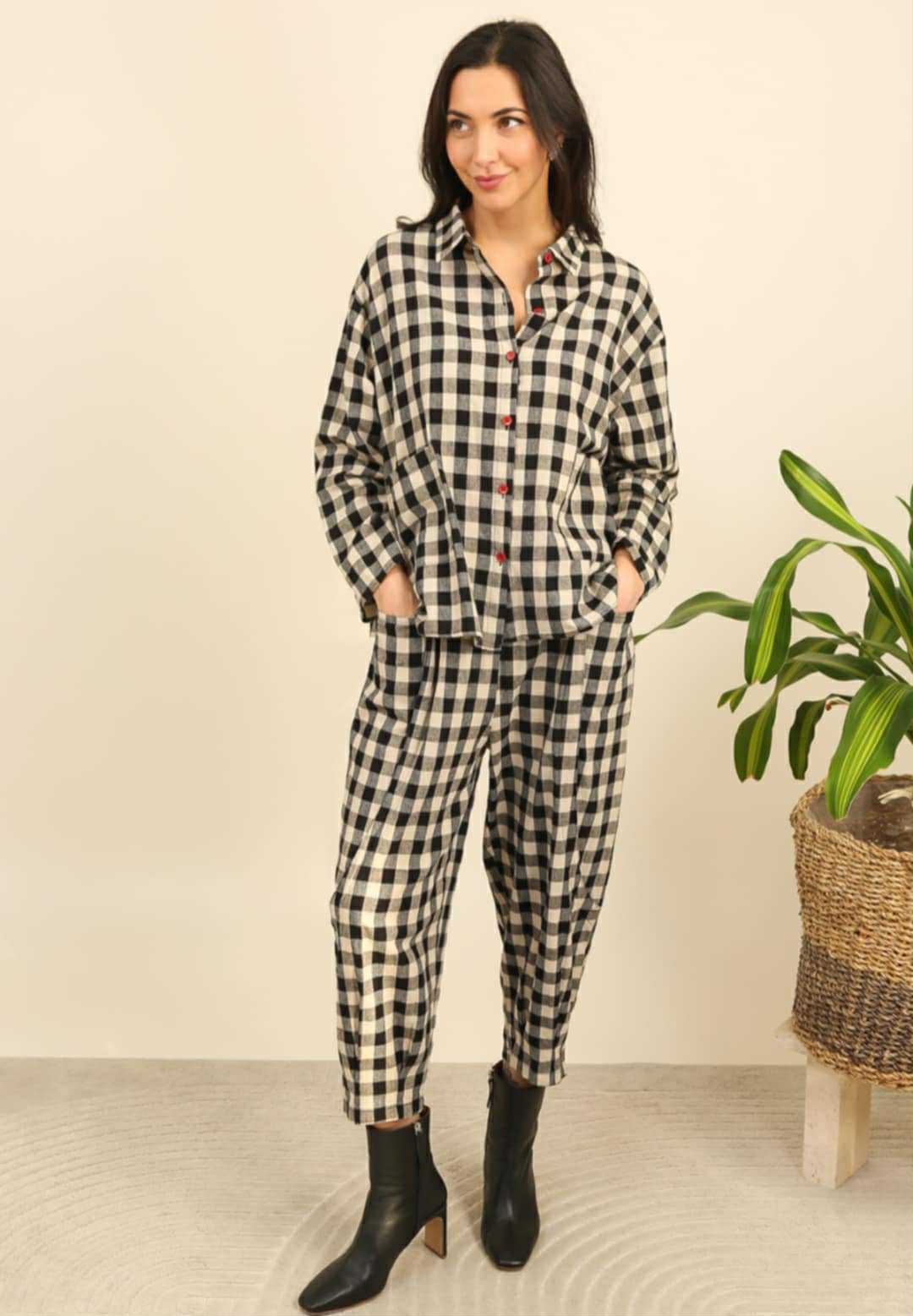 THE 'GILLY' TIMELESS AND CLASSIC GINGHAM BUTTON BACK DETAIL SHIRT/JACKET MATCHING TROUSERS AVAILABLE