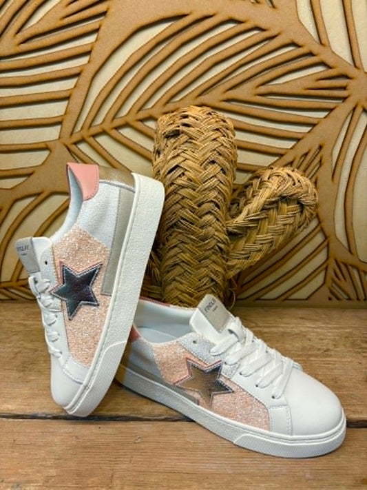 THE 'CANDY SUPERSTAR' FABULOUS RETRO SILVER STAR EMBELLISHED TRAINERS IN NUDE PINK AND WHITE