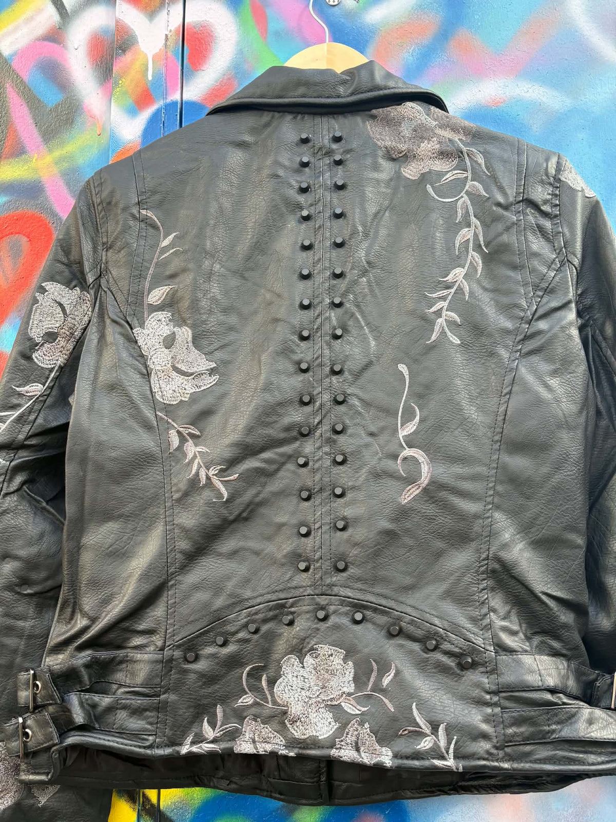 THE 'ROCK AND ROSES' STUNNING BIKER JACKET WITH BEAUTIFUL EMBROIDERED ROSES AND STUDDED DETAIL.