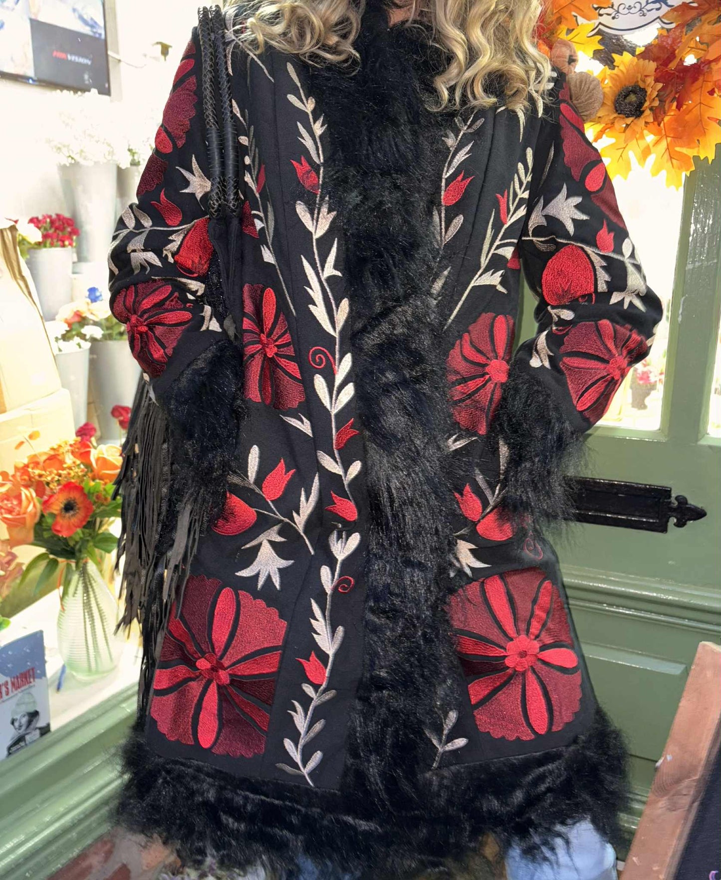 THE 'MONA' STUNNING 70'S STYLE RICHLY EMBROIDERED FAUX FUR AFGHAN COAT IN CHERRY AND BLACK FROM OUR EXCLUSIVE SPANISH RANGE