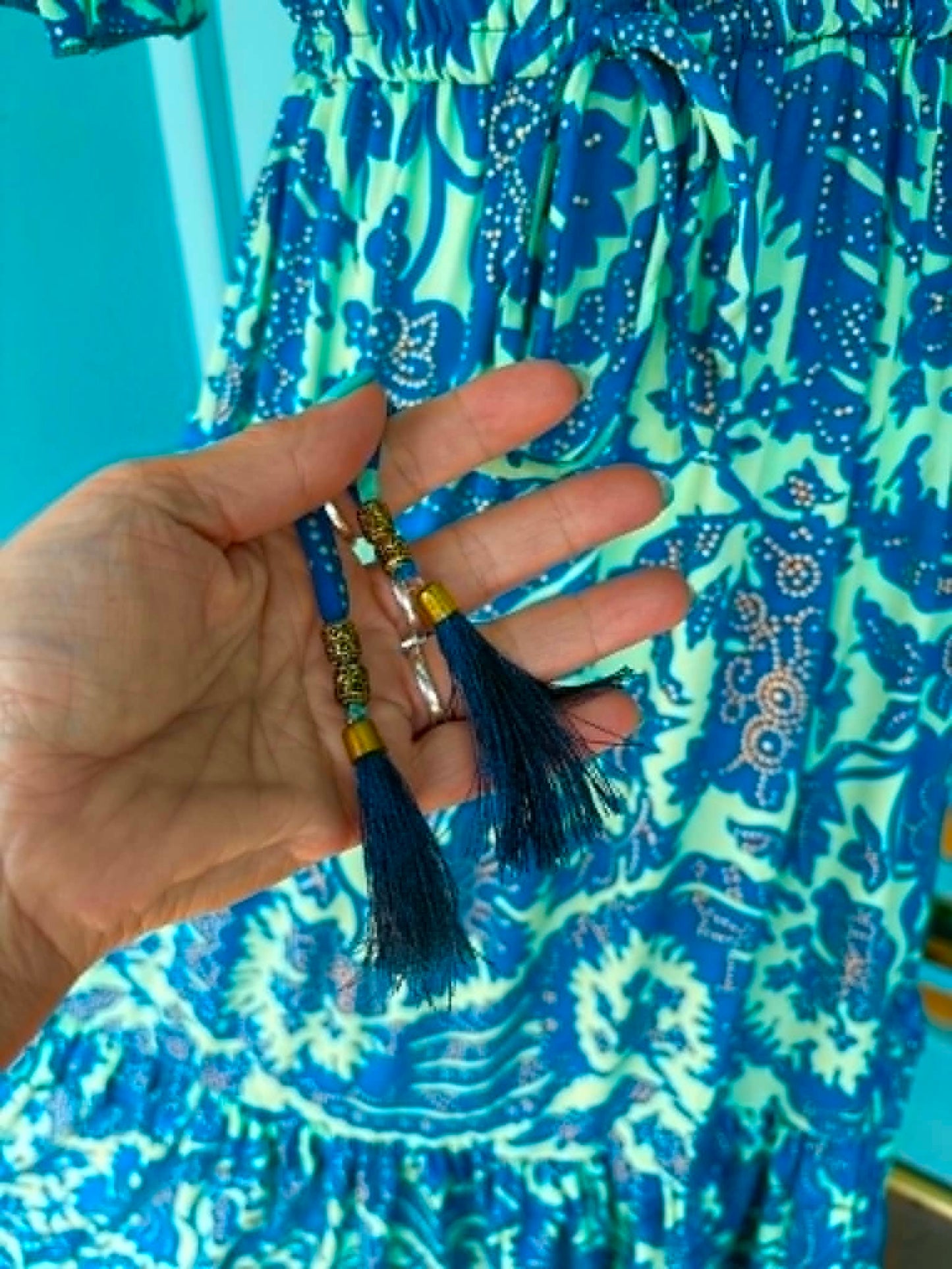 THE 'ALHAMBRA SKIES' BREATH TAKING TURQUOISE AND COBALT BOTANICAL PRINT FRILL HEM DRESS FROM OUR SPANISH COLLECTION