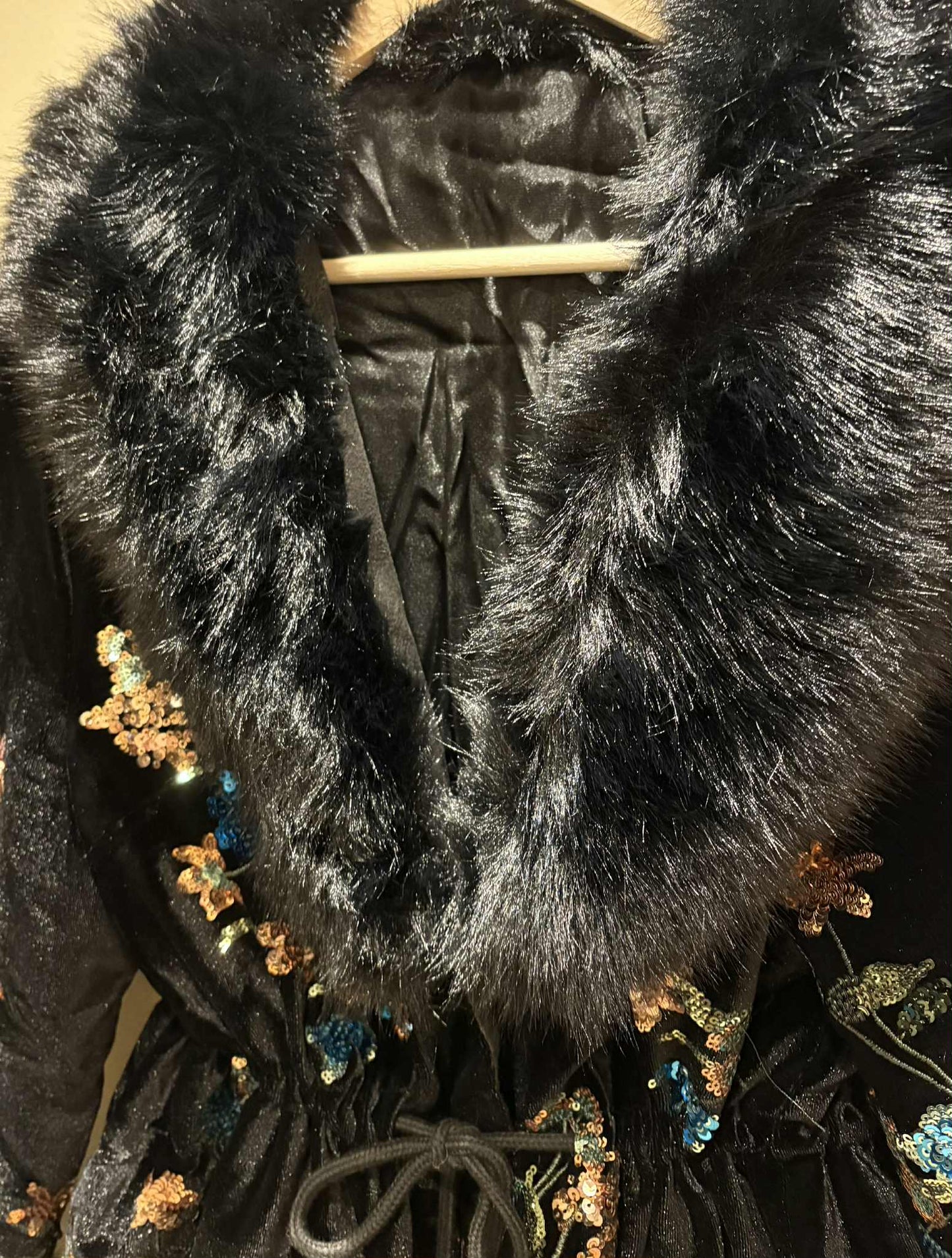 THE 'KIKI' LUXURIOUS VELVET COAT WITH STUNNING SEQUIN, FAUX FUR AND EMBROIDERED DETAIL