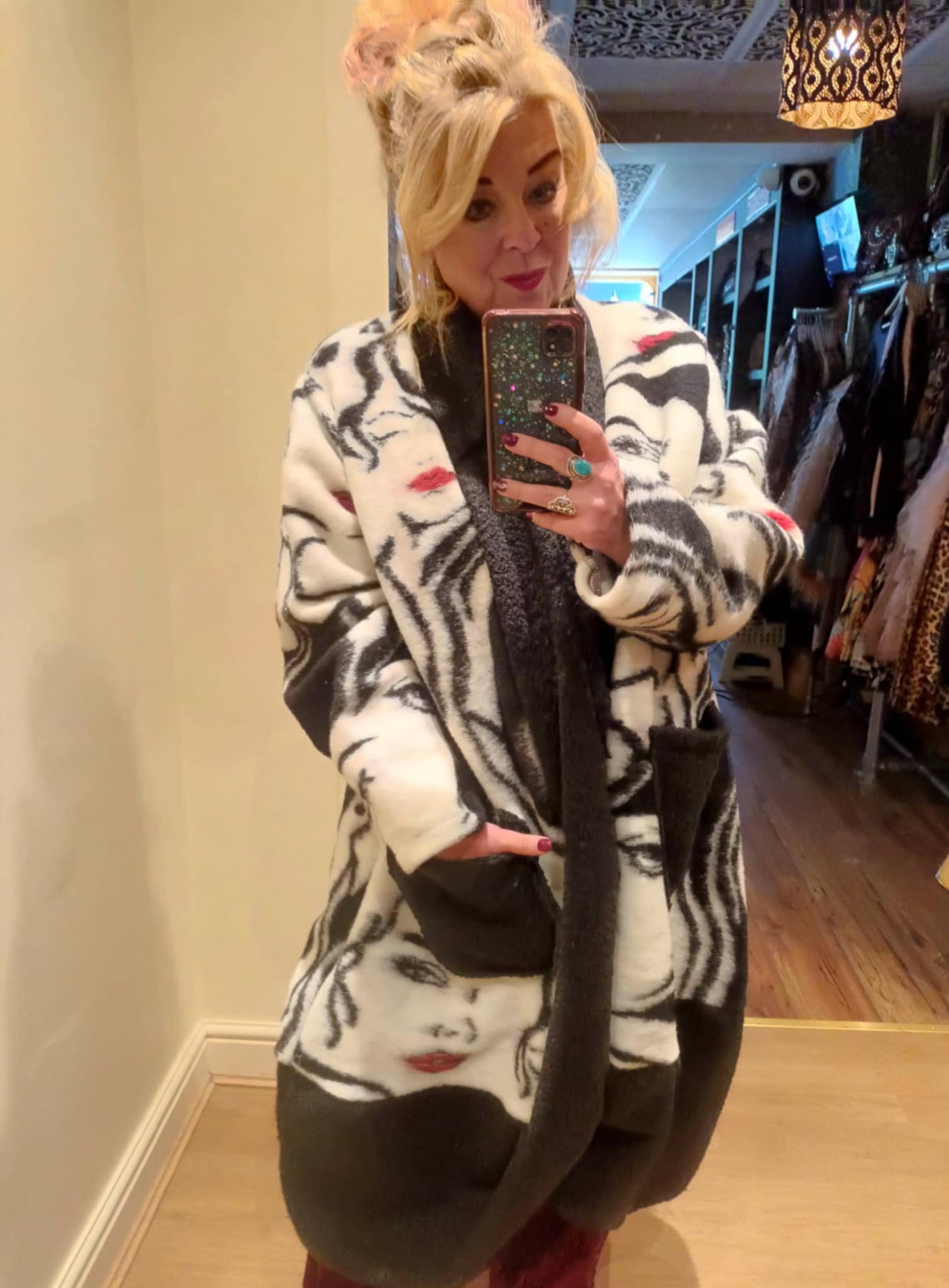 THE 'PARISIAN MISS' BEAUTIFUL EDGE TO EDGE BOUCLE COAT IN A QUIRKY IMPRESSIONIST PRINT FROM OUR MADE IN ITALY COLLECTION