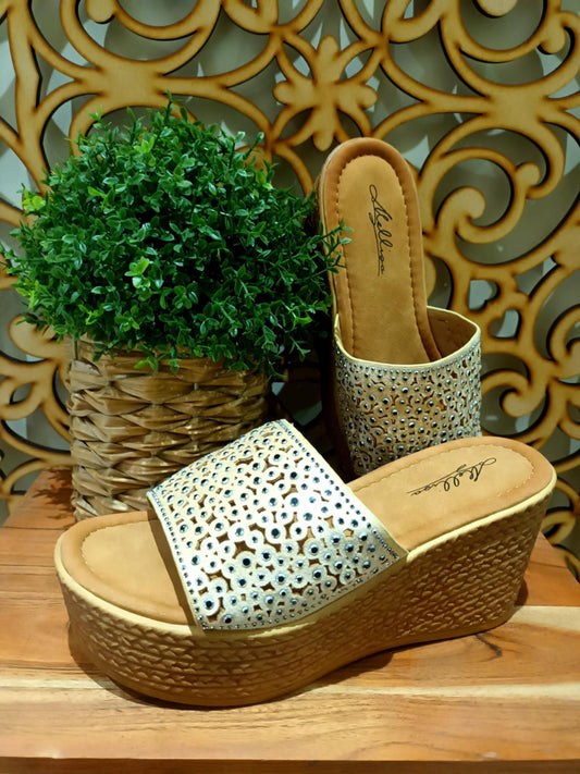 THE 'COCA LOCA' STUNNING NEUTRAL SHIMMERY WEDGE/PLATFORM SUPER COMFORT MULE