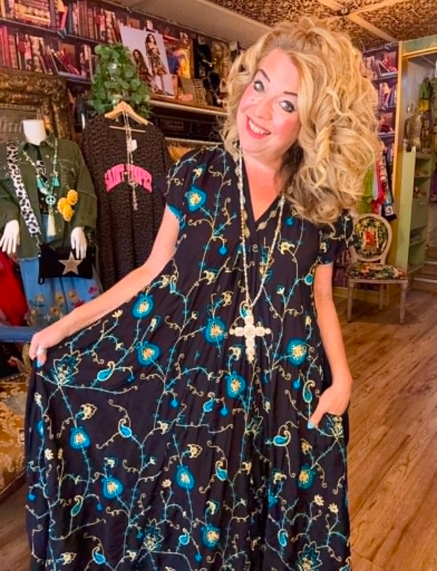 THE 'NATALIA' STUNNING RICHLY EMBROIDERED V NECK DRESS WITH POCKETS FROM OUR EXCLUSIVE SPANISH COLLECTION