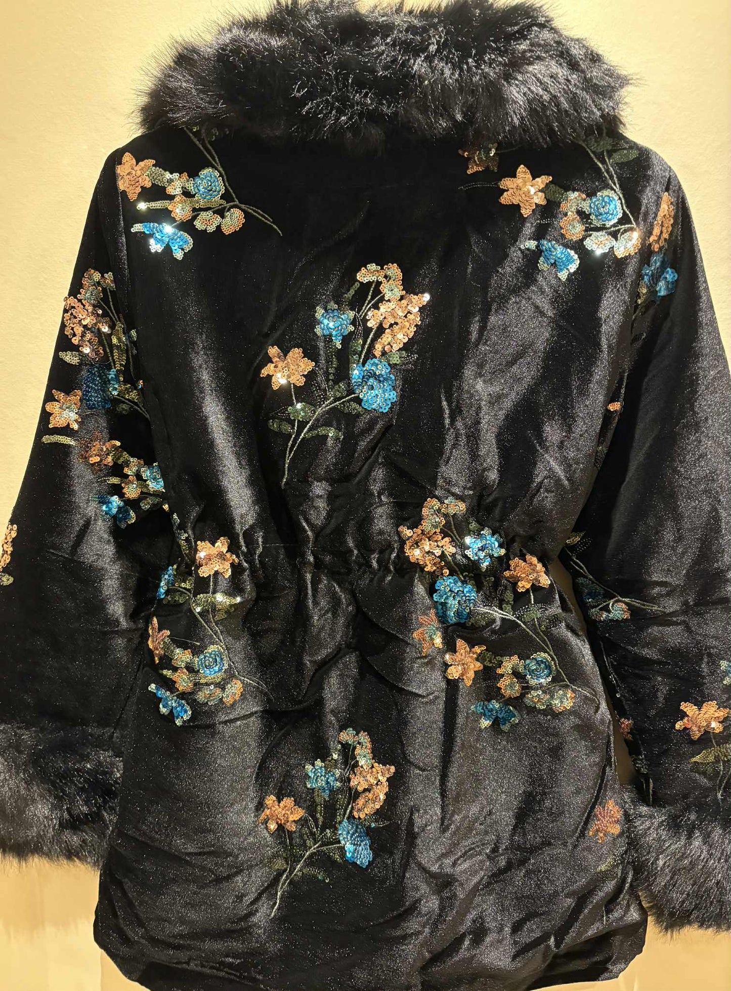 THE 'KIKI' LUXURIOUS VELVET COAT WITH STUNNING SEQUIN, FAUX FUR AND EMBROIDERED DETAIL