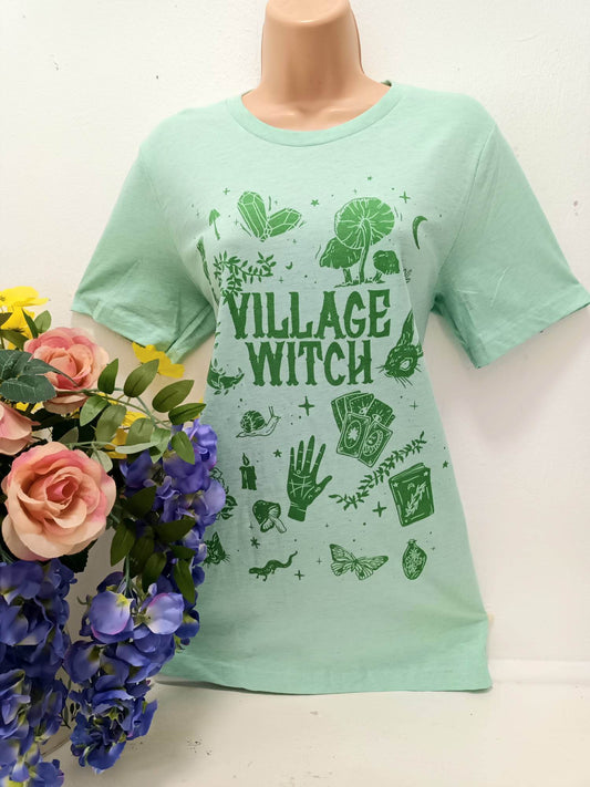 'VILLAGE WITCH' QUIRKY SUPERSOFT ETHICAL T SHIRT 'GIVE BACK' RANGE VINTAGE GREEN