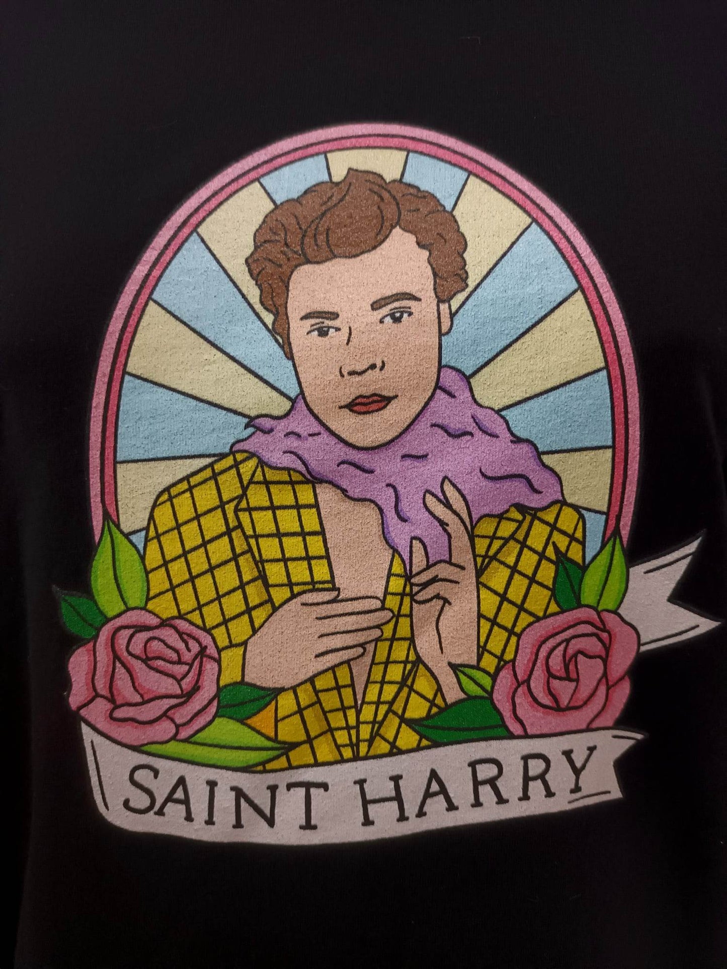 'SAINT HARRY' HARRY STYLES PRINT SUPERSOFT BLACK T SHIRT ETHICAL 'GIVE BACK' FEMINIST RANGE