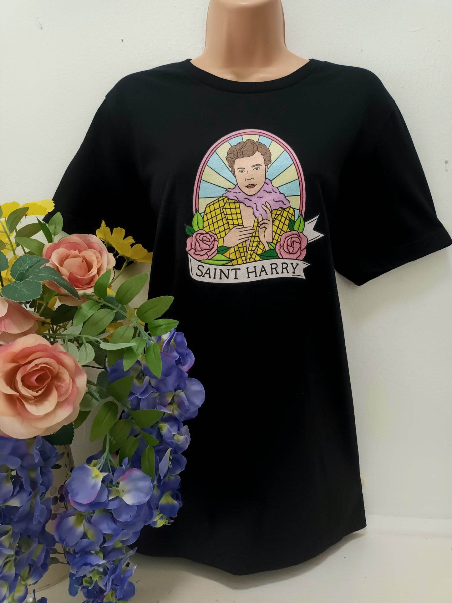 'SAINT HARRY' HARRY STYLES PRINT SUPERSOFT BLACK T SHIRT ETHICAL 'GIVE BACK' FEMINIST RANGE