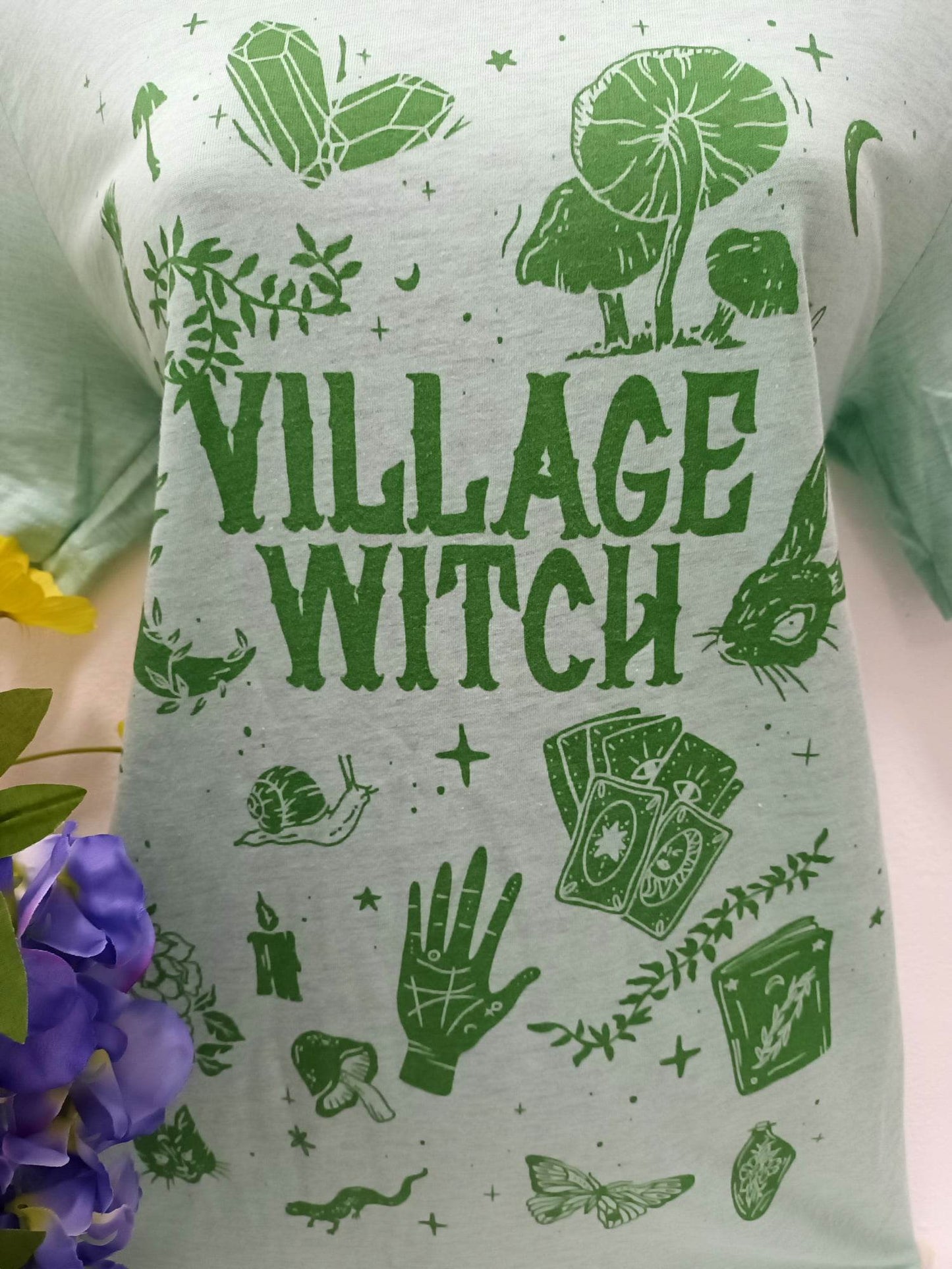 'VILLAGE WITCH' QUIRKY SUPERSOFT ETHICAL T SHIRT 'GIVE BACK' RANGE VINTAGE GREEN