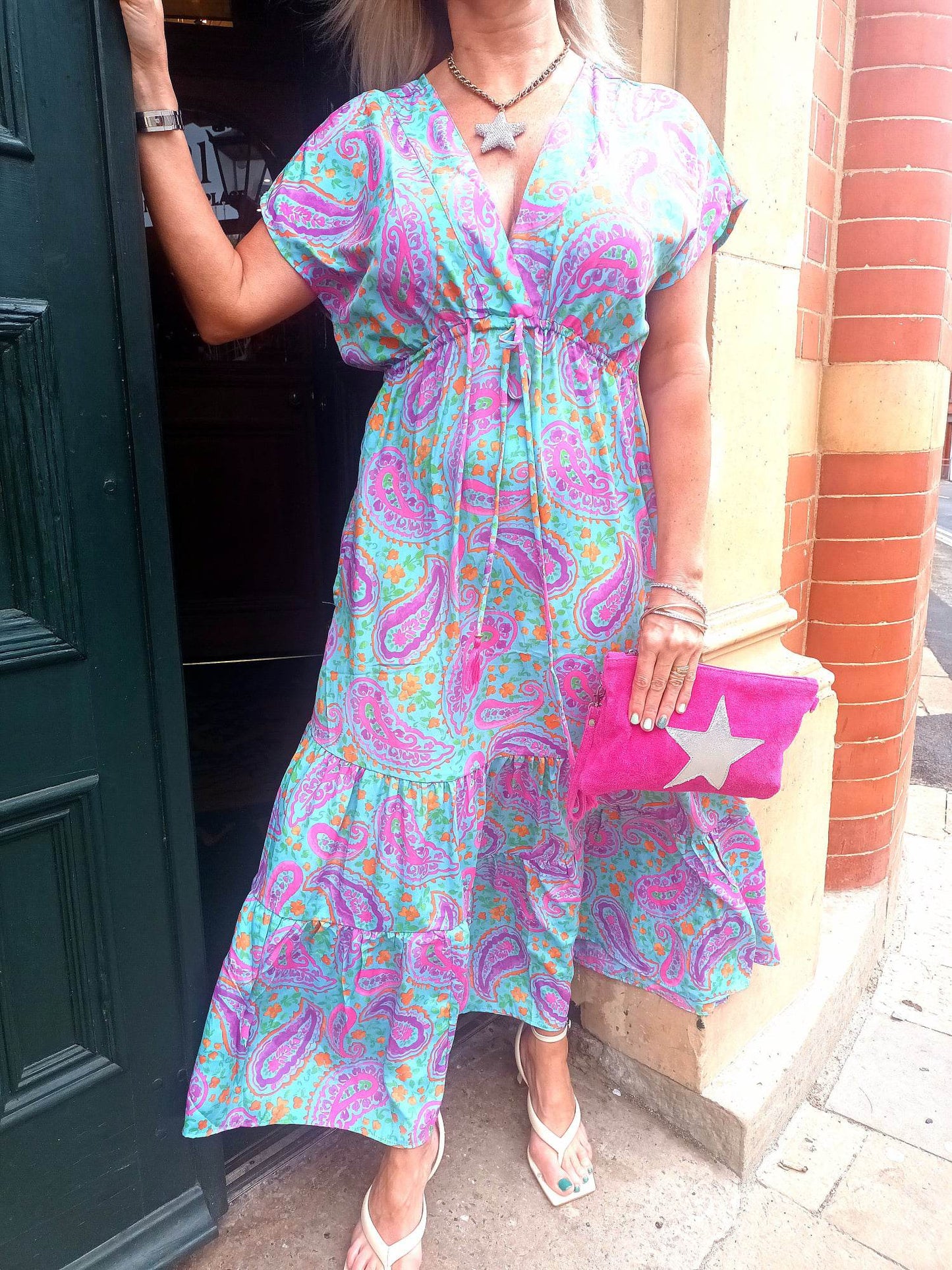 'SORBET SKIES' BEAUTIFUL SKY BLUE AND MULTI FLATTERING MIDI LENGTH TEA DRESS