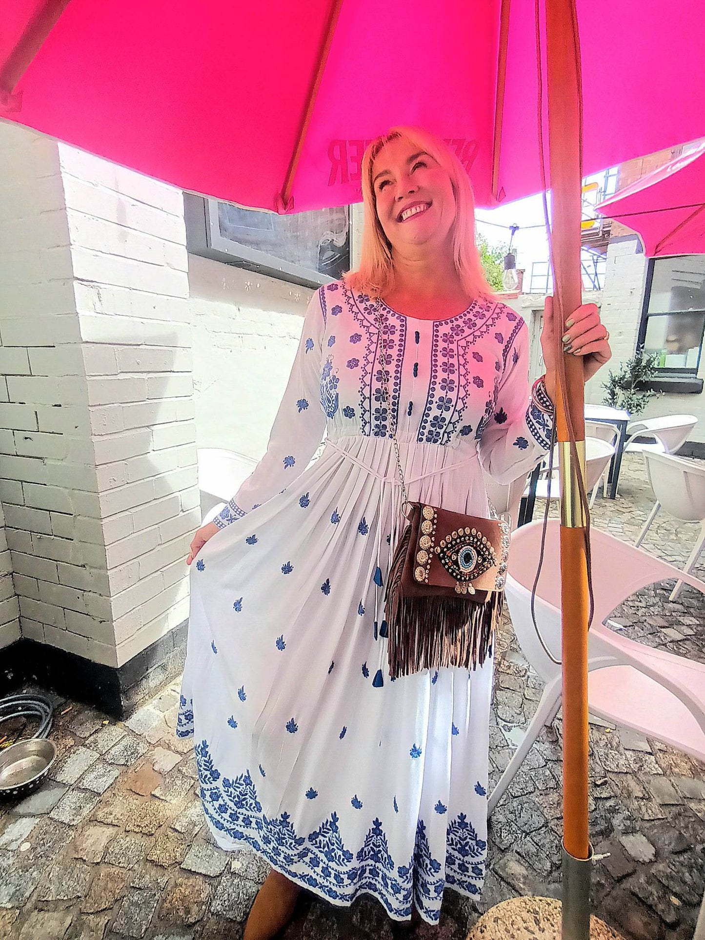 'BLUEBELL' 100% SNOWY WHITE COTTON BLUEBELL BLUE RICH EMBROIDERED DRESS SUMMER/FESTIVAL