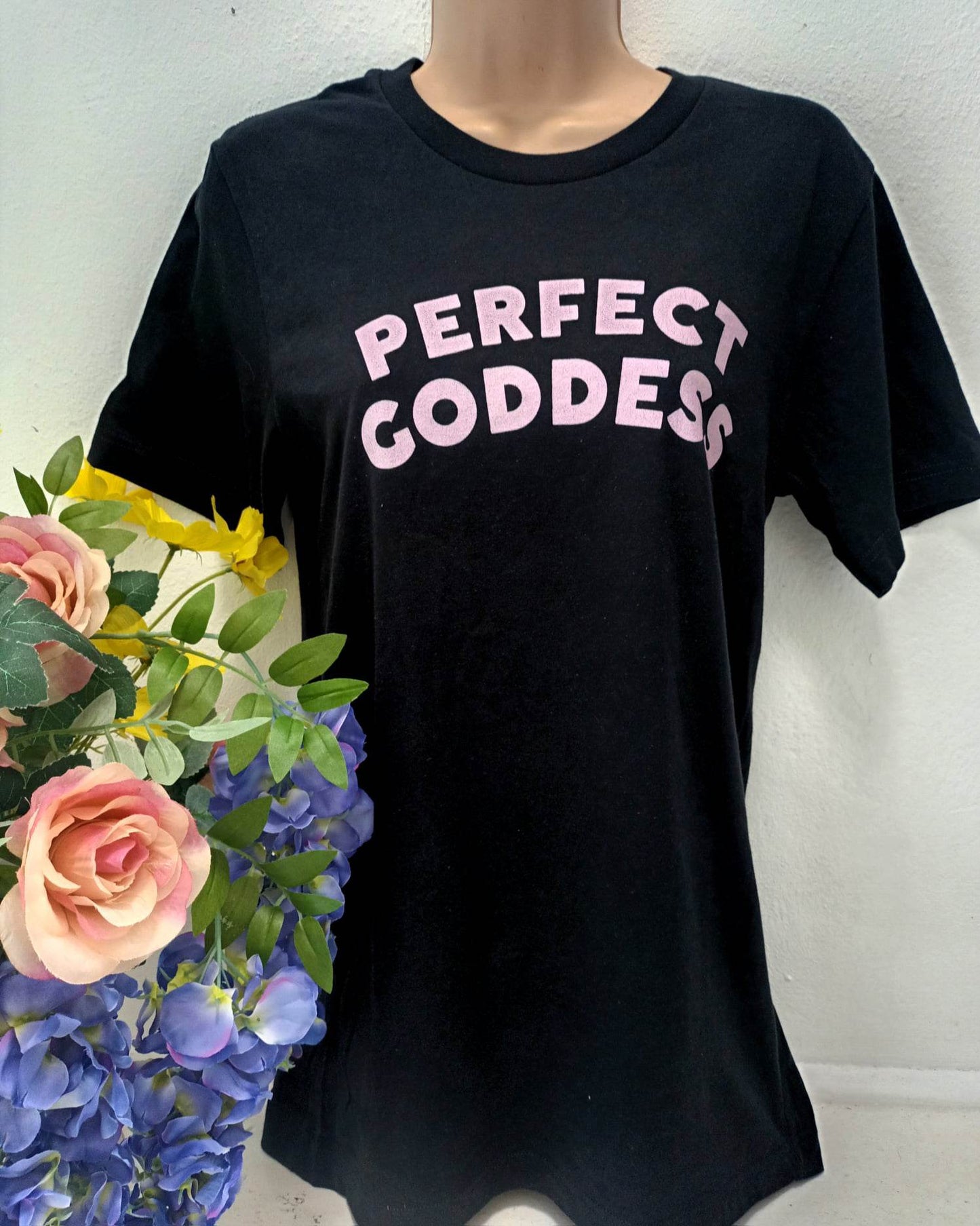 'PERFECT GODDESS' PRINT SUPERSOFT BLACK T SHIRT ETHICAL 'GIVE BACK' FEMINIST RANGE