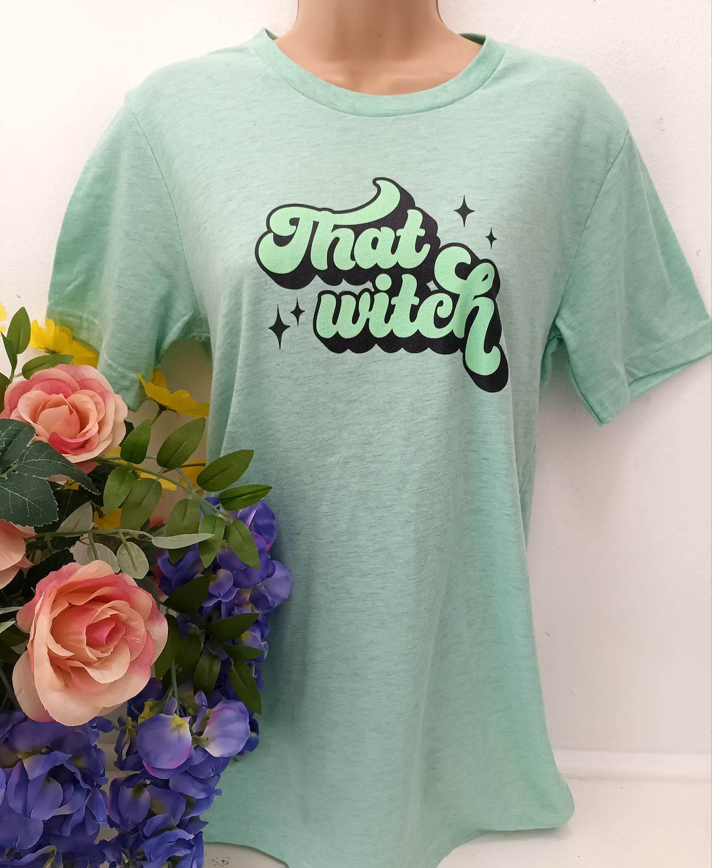 'THAT WITCH' PRINT SUPERSOFT ANTIQUE GREEN T SHIRT ETHICAL 'GIVE BACK' FEMINIST RANGE