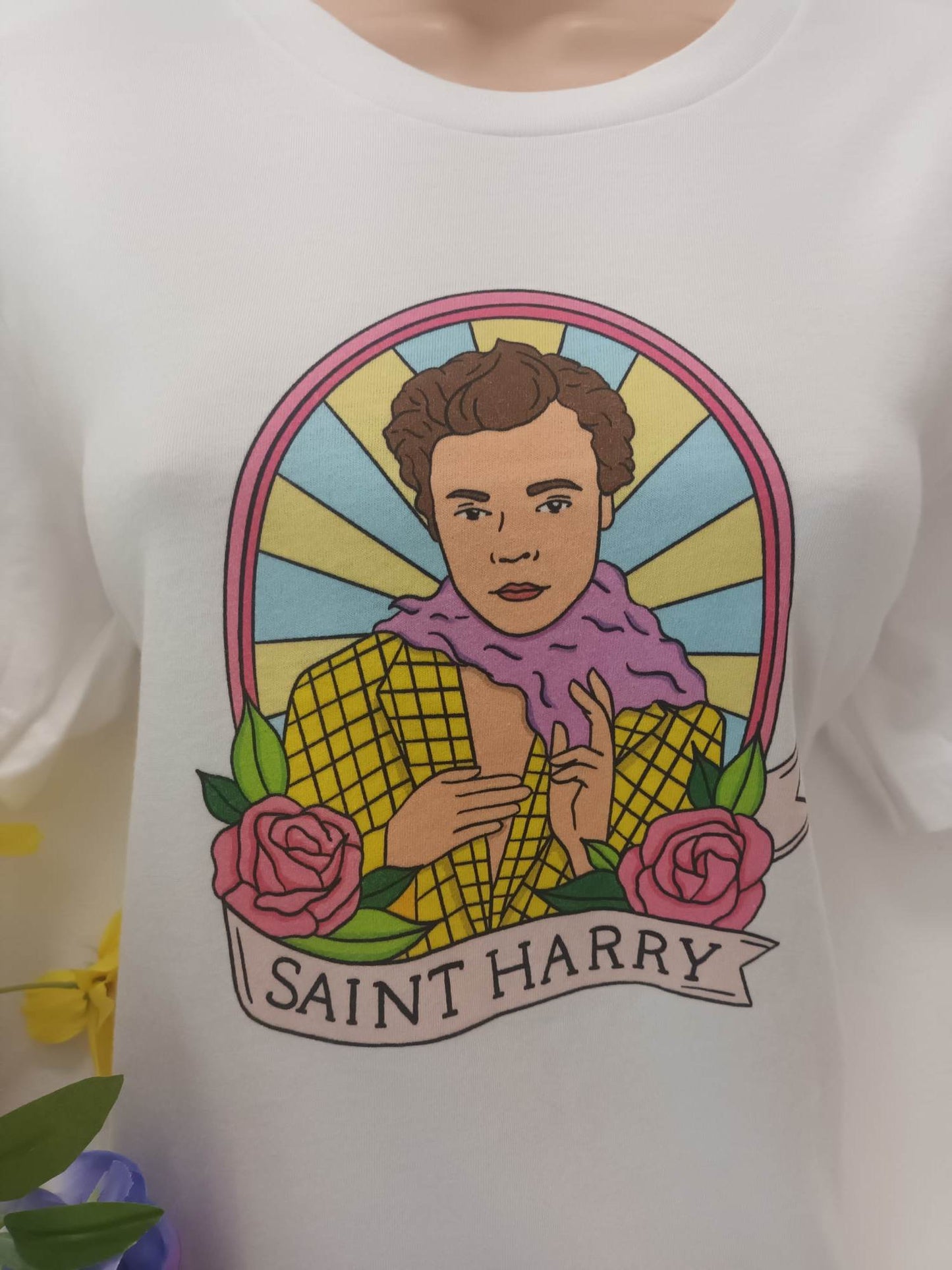 'SAINT HARRY' HARRY STYLES PRINT SUPERSOFT WHITE T SHIRT ETHICAL 'GIVE BACK' FEMINIST RANGE