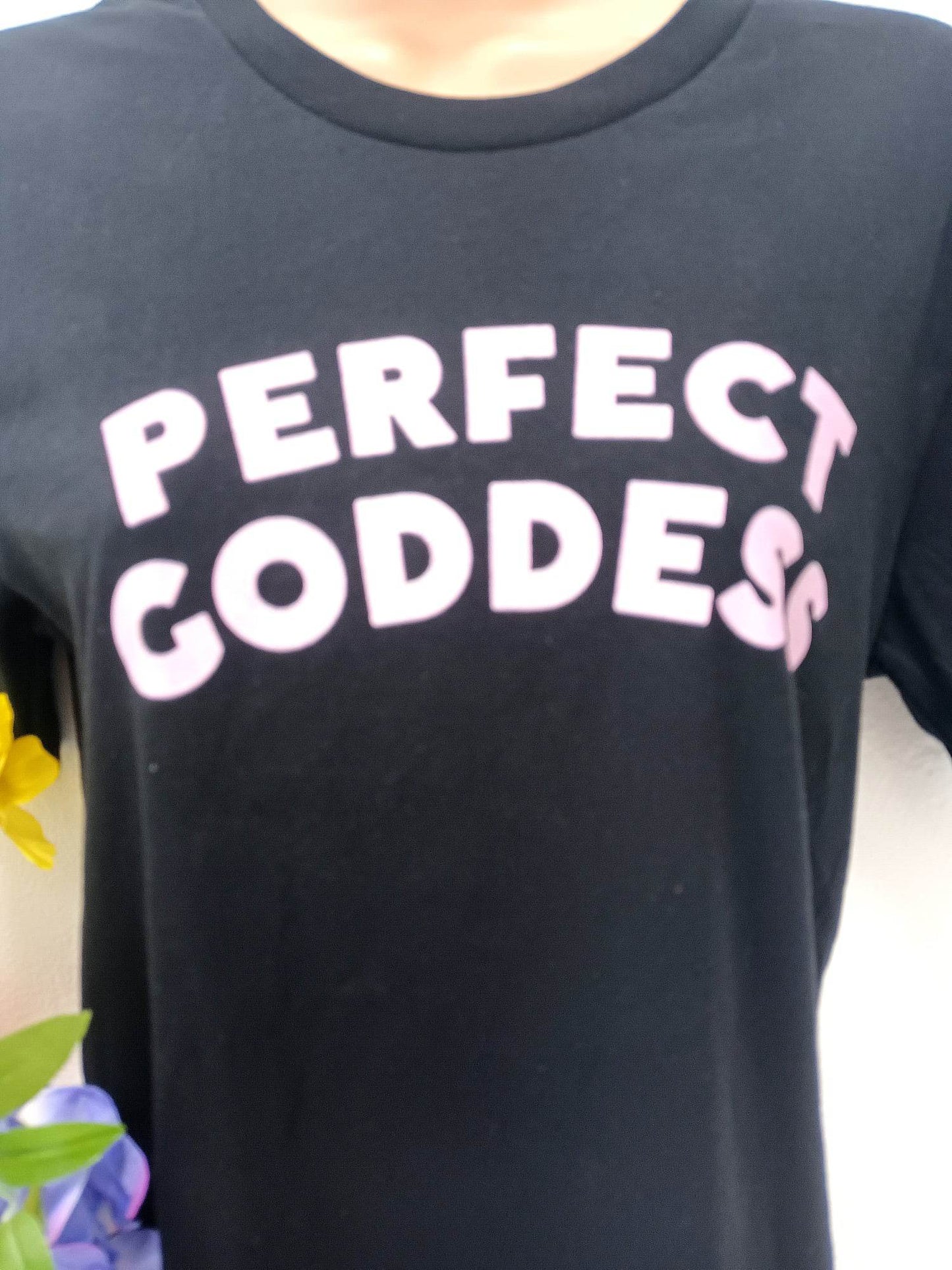 'PERFECT GODDESS' PRINT SUPERSOFT BLACK T SHIRT ETHICAL 'GIVE BACK' FEMINIST RANGE