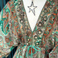 'MUSTIQUE' 100% VINTAGE SILK 70'S STYLE PAISLEY PRINT EMBROIDERED SWISHY HEM GREEN/TERRACOTTA DRESS