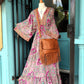 'MUSTIQUE' 100% VINTAGE SILK 70'S STYLE PAISLEY PRINT EMBROIDERED SWISHY HEM FUCHSIA/AQUA DRESS